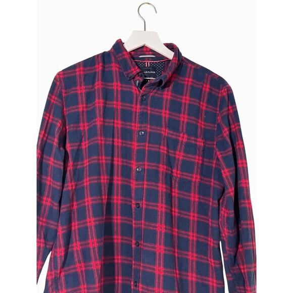 Denim & Flower Shirt Men's XL Flannel Casual button Down Red/Blue Plaid - Picture 3 of 7